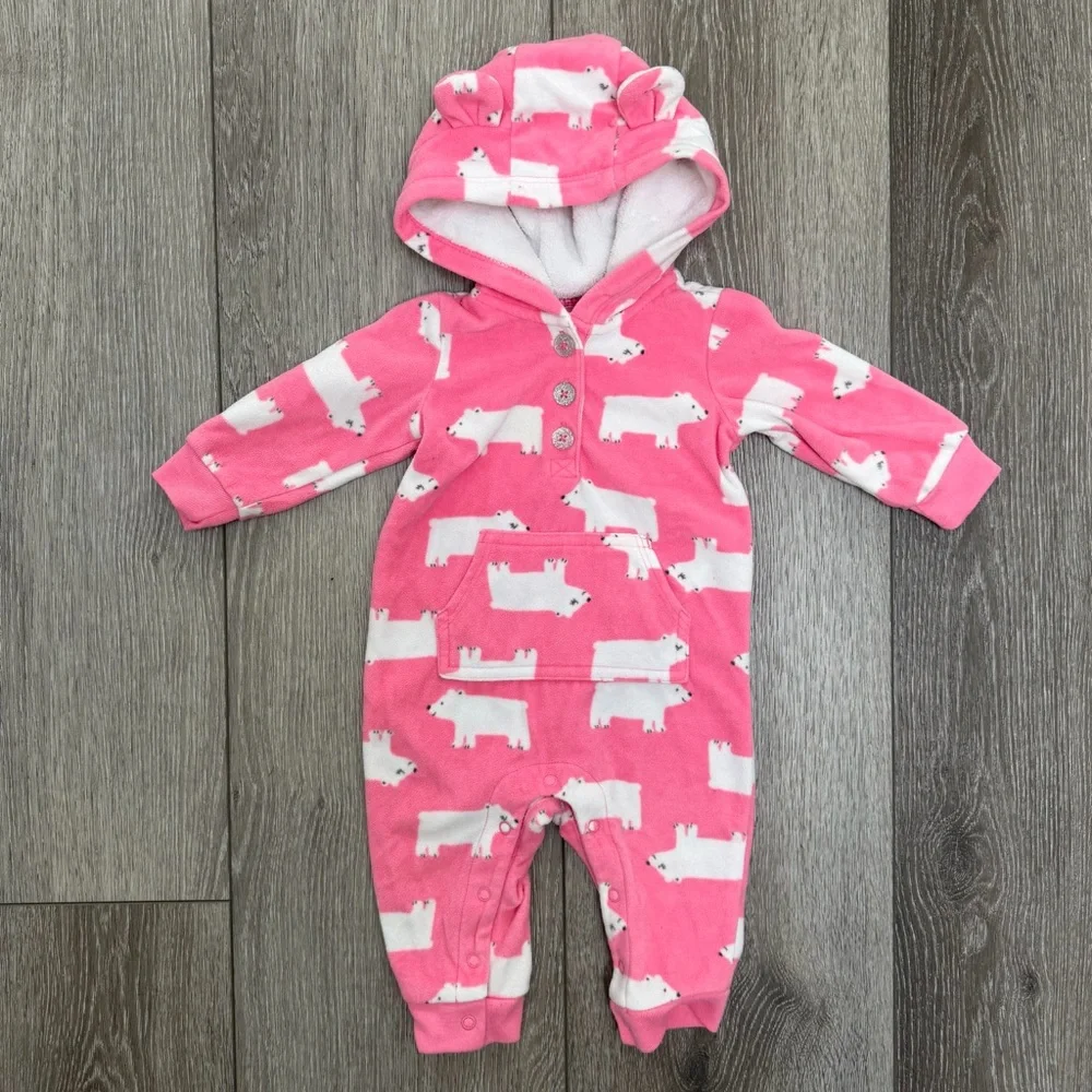 CARTERS FLEECE HOODED ROMPER POLAR BEARS PINK 6MO